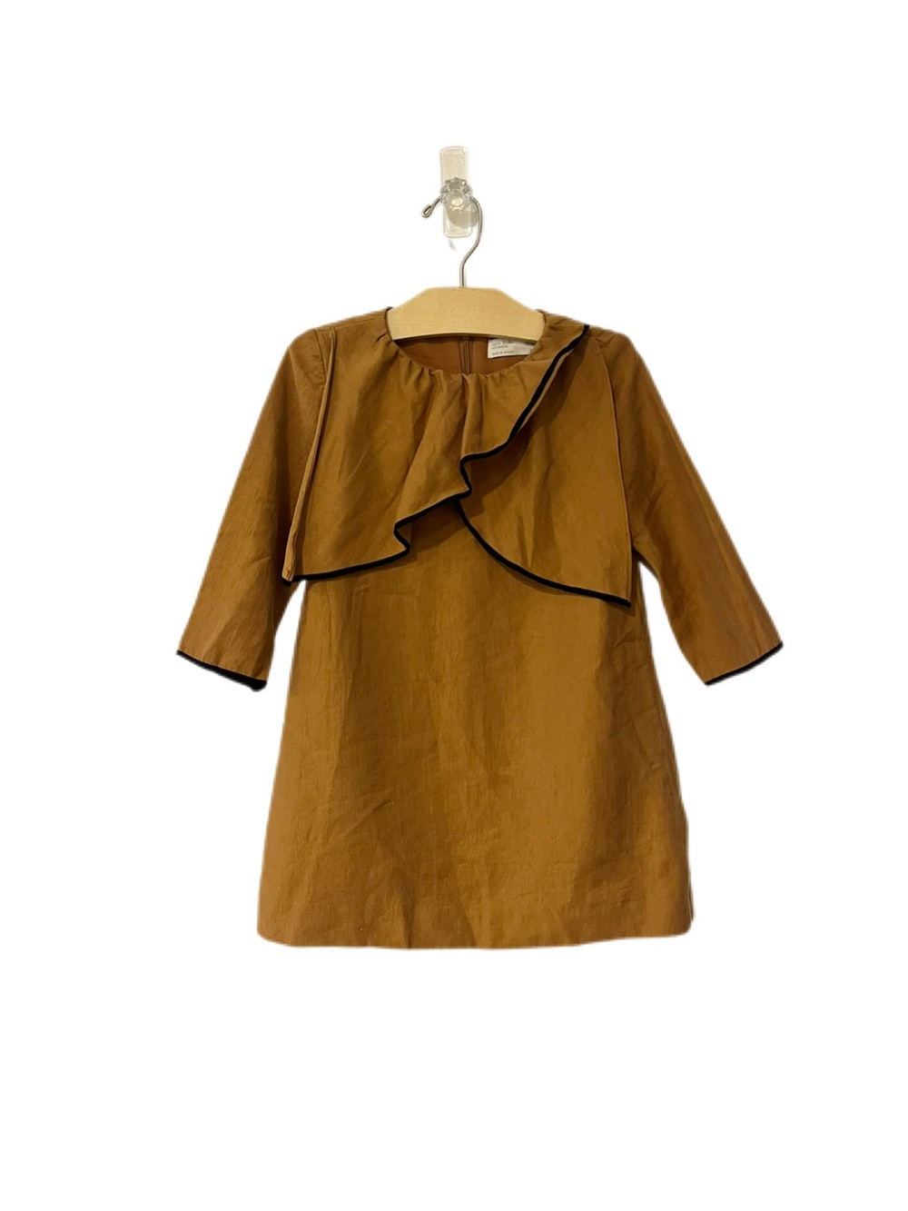 Zara Girls' Size 5 Ruffle-Trim Three Quarter Sleeve Dress in Camel